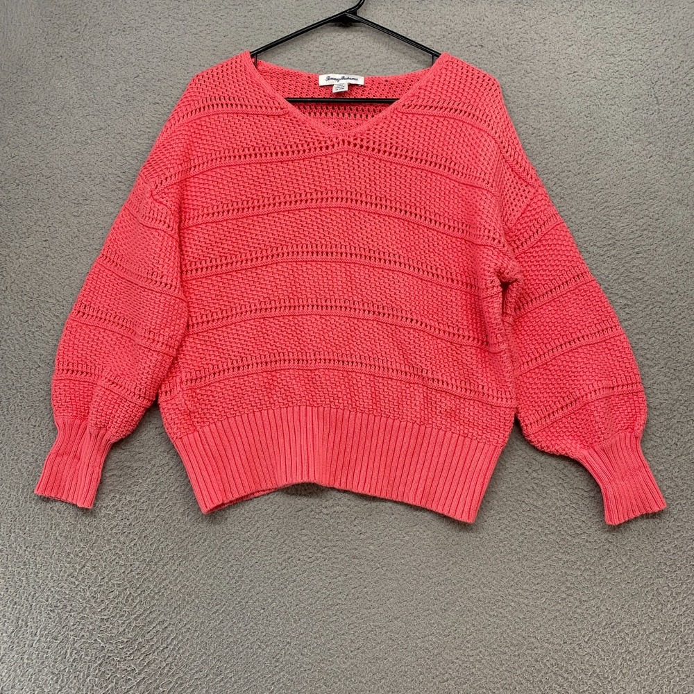 Tommy Bahama Sweater Womens Large Knit Pink Coastal Balloon Sleeves Beachy